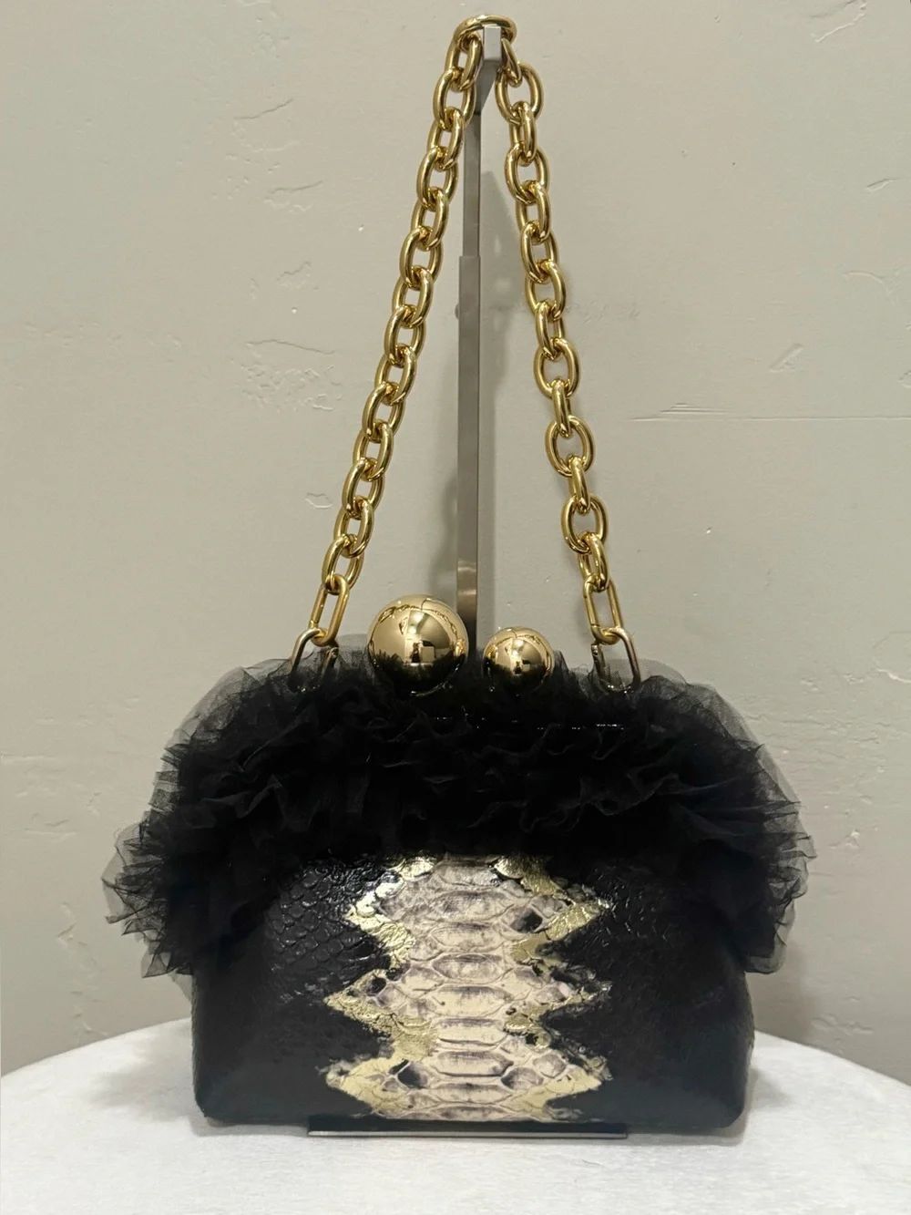 Embossed Snakeskin Leather Handmade “Super Ball” Kisslock With Lace Trim Bag